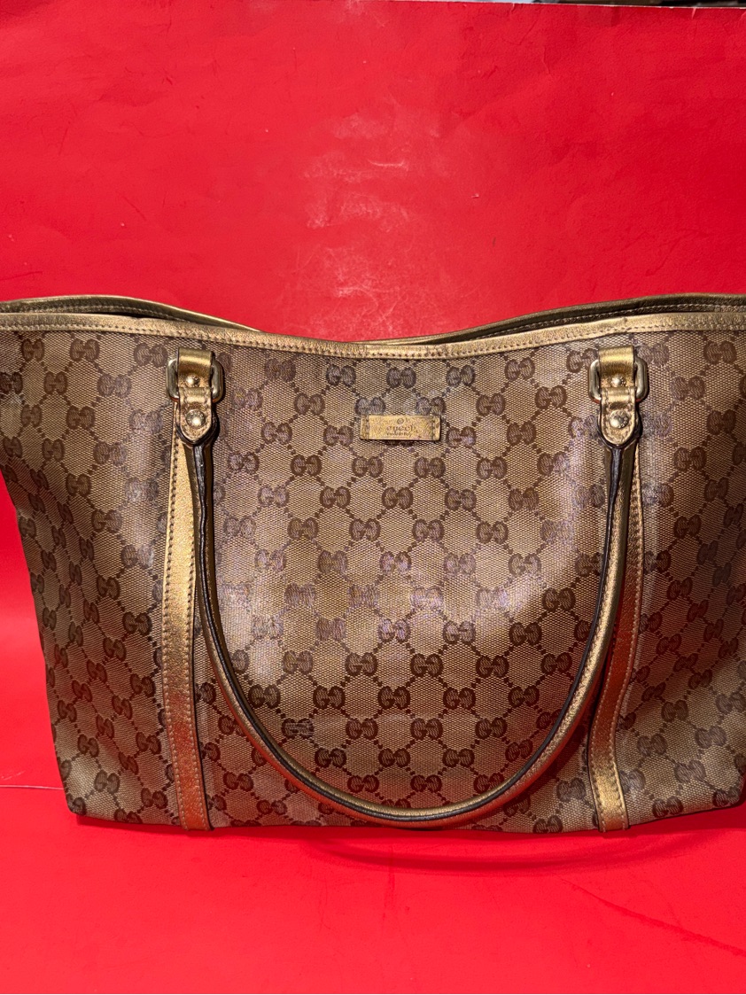 Gucci Brown Gg Monogram Canvas Tote With Gold Trim